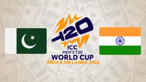 ICC Men’s T20 World Cup 2026 logo with flags of India and Pakistan overlaid on a background of US dollar bills, symbolizing the high-stakes financial and competitive significance of the tournament.