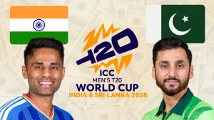 T20 World Cup 2026 logo with India and Pakistan flags featuring Surya Kumar Yadav and Salman Ali Aga ahead of ICC Men’s T20 World Cup in India and Sri Lanka.