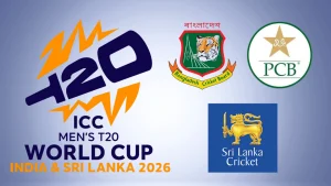 Logos of Sri Lanka Cricket, Bangladesh Cricket Board, Pakistan Cricket Board, and ICC Men's T20 World Cup 2026 co-hosted by India and Sri Lanka
