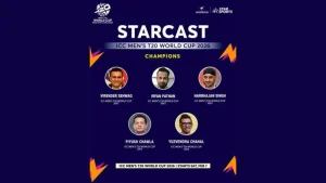 ICC Men’s T20 World Cup 2026 Starcast featuring champions Virender Sehwag, Irfan Pathan, Harbhajan Singh, Piyush Chawla, and Yuzvendra Chahal with tournament logo