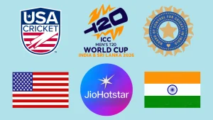 T20 World Cup 2026 logo with USA Cricket, BCCI, and JioHotstar logos, alongside the national flags of the United States and India.