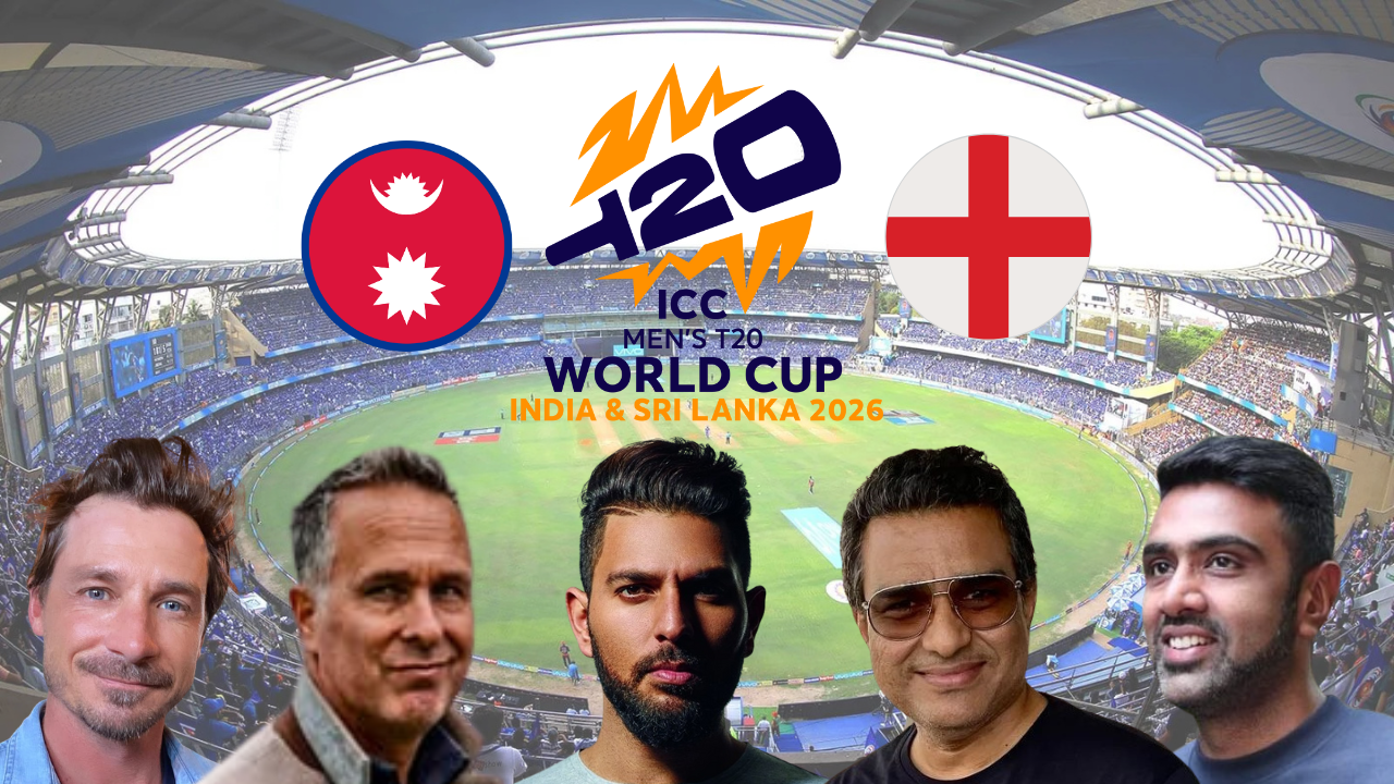 T20 World Cup 2026 at Wankhede Stadium with logos, Nepal and England flags, and cricketers Dale Steyn, Michael Vaughan, Yuvraj Singh, Sanjay Manjrekar, and Ravi Ashwin