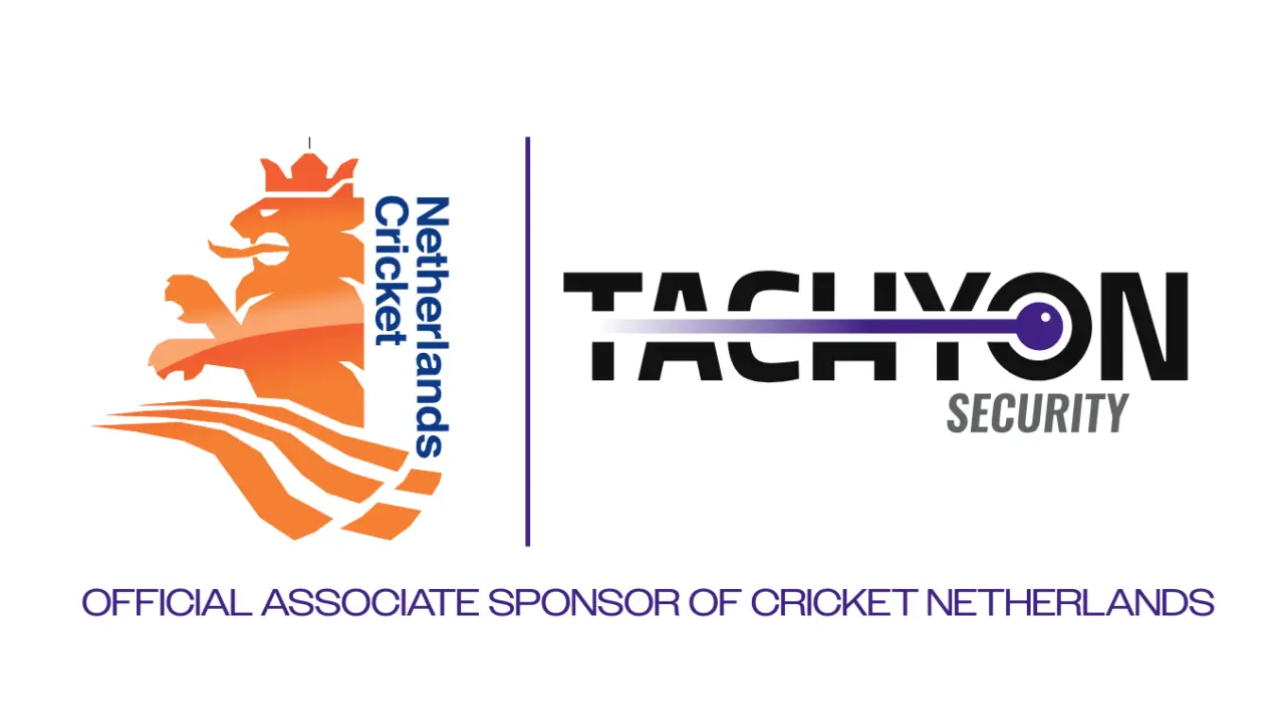 Tachyon Security logo alongside Netherlands Cricket Board emblem, official associate sponsor of Cricket Netherlands