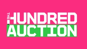 The Hundred auction graphic with bold white and green text on a pink background highlighting the player draft event.