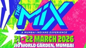 The Mix Mumbai Indians Experience event poster announcing 21–22 March 2026 at Jio World Garden, Mumbai.