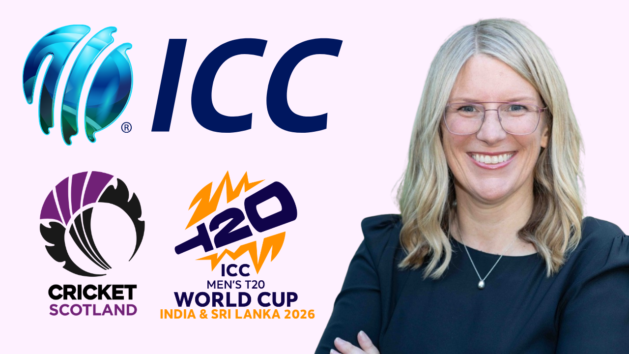 Trudy Lindblade pictured alongside the ICC, Cricket Scotland and ICC Men’s T20 World Cup 2026 logos.