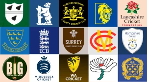 Collage of various UK and county cricket team logos including Sussex, Surrey, Yorkshire, Middlesex, Lancashire, Hampshire, Gloucestershire, and the ECB, representing domestic cricket organizations.