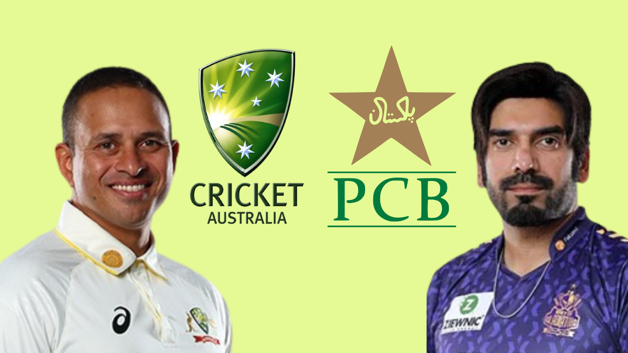 Usman Khawaja and Usman Tariq with Cricket Australia and Pakistan Cricket Board (PCB) logos on yellow background