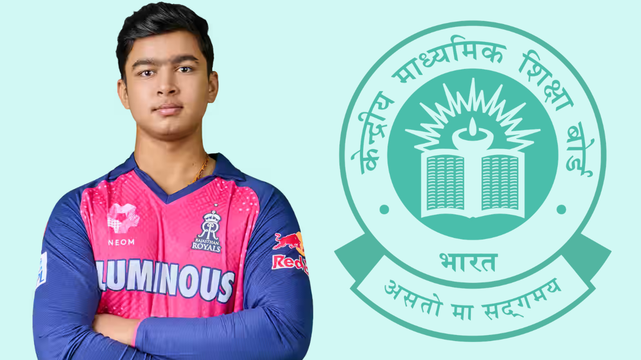 Vaibhav Suryavanshi in Rajasthan Royals jersey alongside the Central Board of Secondary Education (CBSE) logo, highlighting an academic and cricket connection in India.