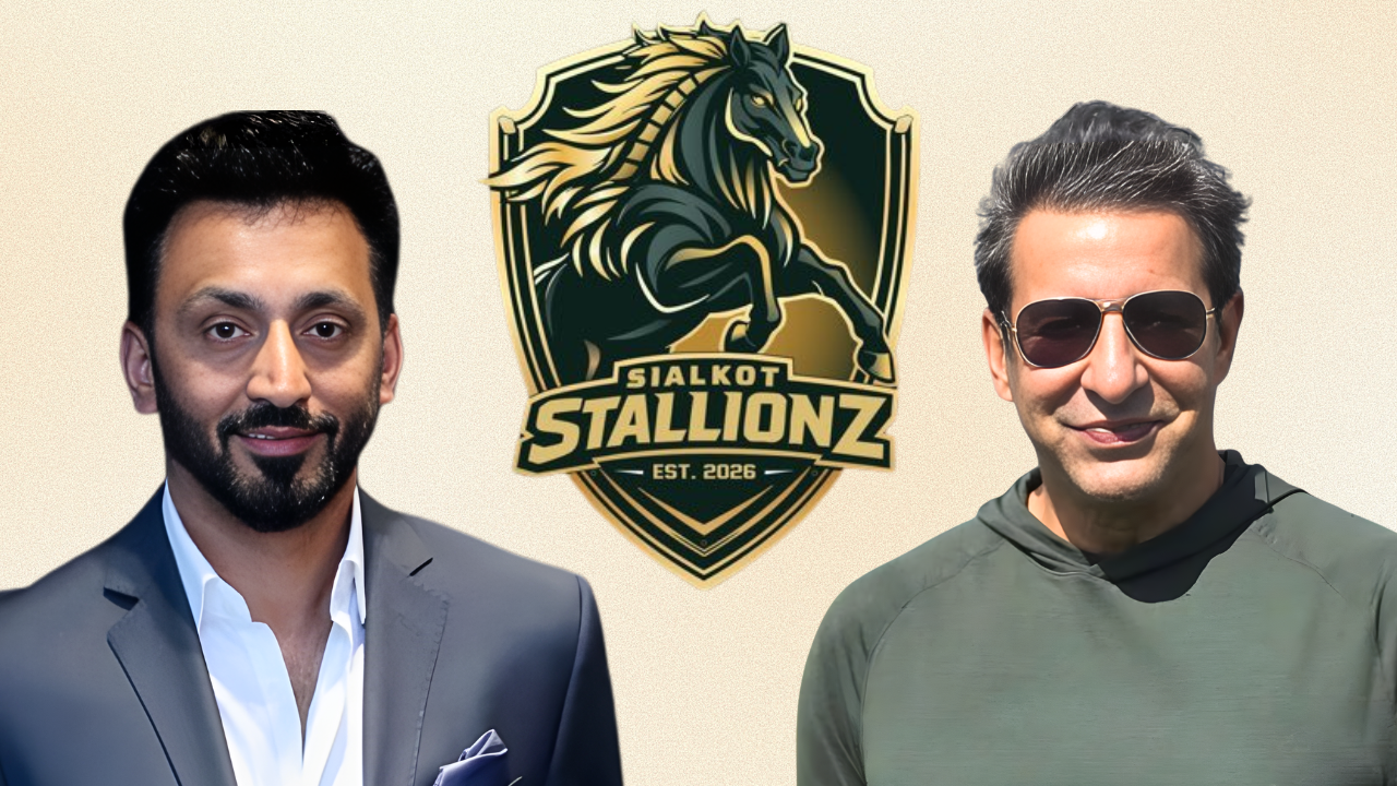 Wasim Akram and Kamil Khan pictured alongside the Sialkot Stallionz team logo graphic.