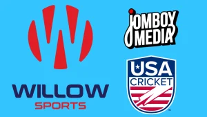 Logos of Willow Sports, Jomboy Media, and USA Cricket displayed on a blue background