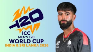 Yuvraj Singh Samra pictured alongside the ICC Men’s T20 World Cup 2026 logo, highlighting participation in the upcoming tournament in India and Sri Lanka.
