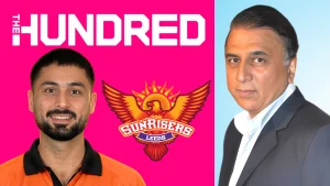 Abrar Ahmed and Sunil Gavaskar with The Hundred and Sunrisers Leeds cricket logos