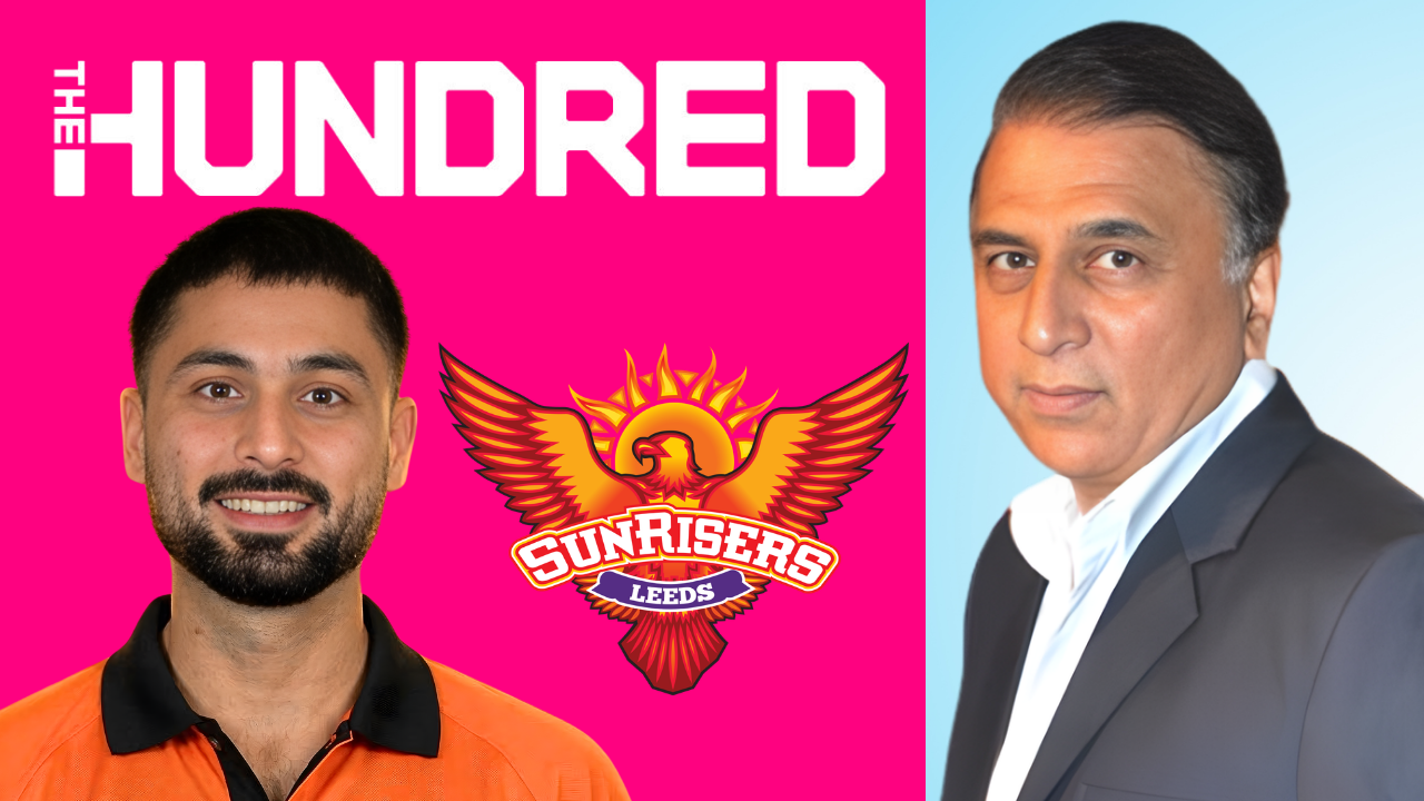 Abrar Ahmed and Sunil Gavaskar with The Hundred and Sunrisers Leeds cricket logos