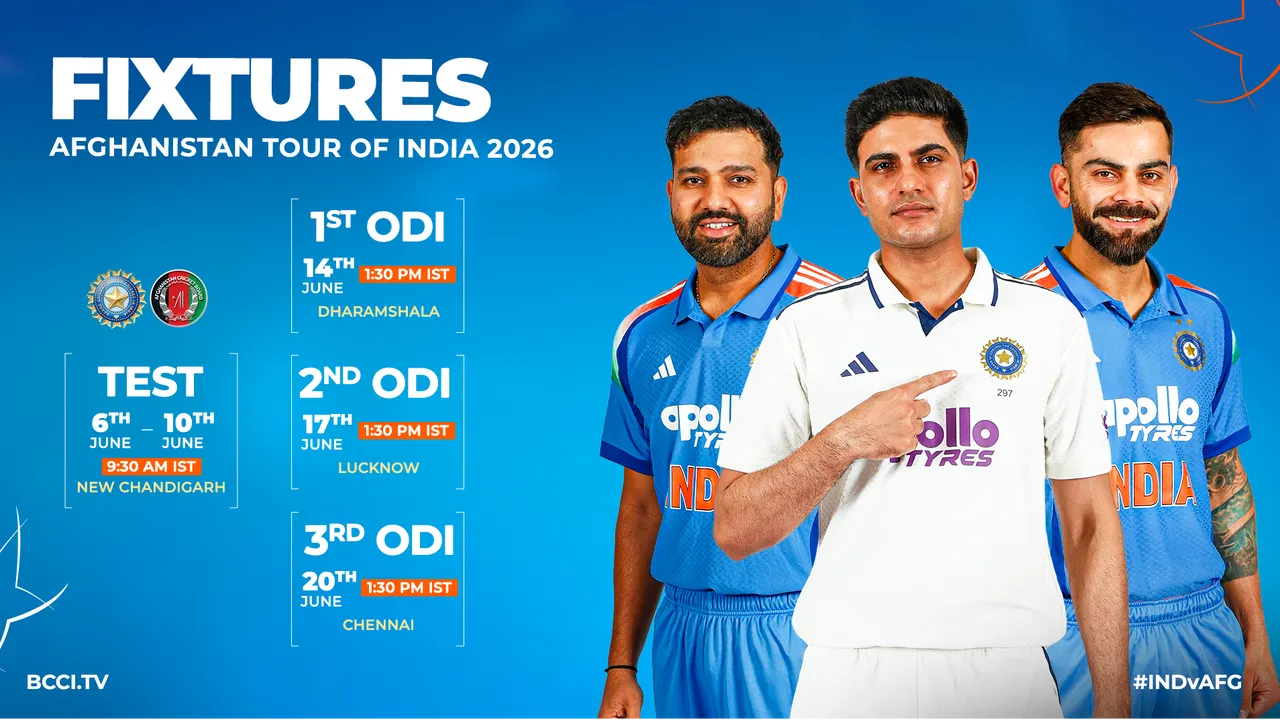 Fixtures for Afghanistan Tour of India 2026 featuring Rohit Sharma, Shubman Gill and Virat Kohli with ODI and Test match dates, venues and timings.