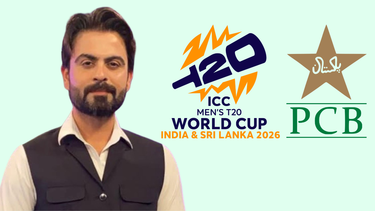Graphic featuring Pakistani cricketer Ahmed Shehzad alongside the ICC Men’s T20 World Cup 2026 logo and the Pakistan Cricket Board (PCB) emblem.