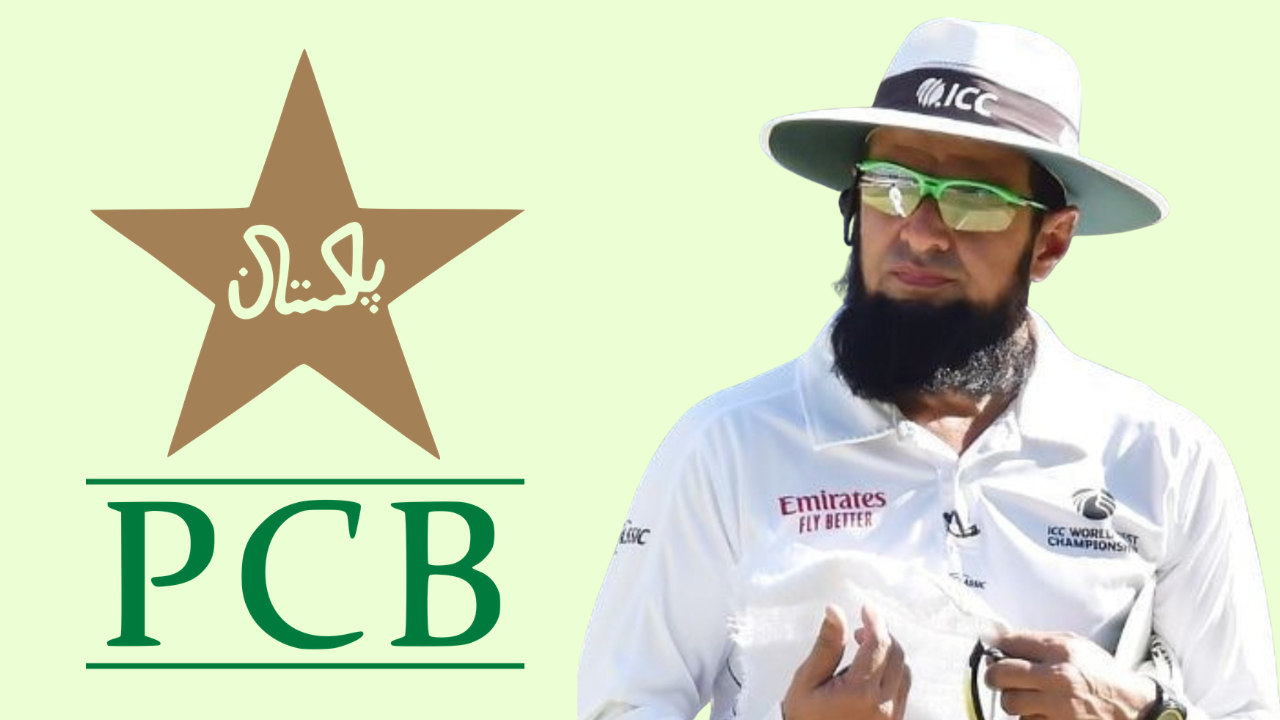 ICC umpire Aleem Dar pictured alongside Pakistan Cricket Board (PCB) logo in Pakistan cricket officiating context.