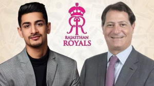 Aryaman Birla and David Blitzer pictured alongside the Rajasthan Royals logo, representing the IPL franchise ownership group.