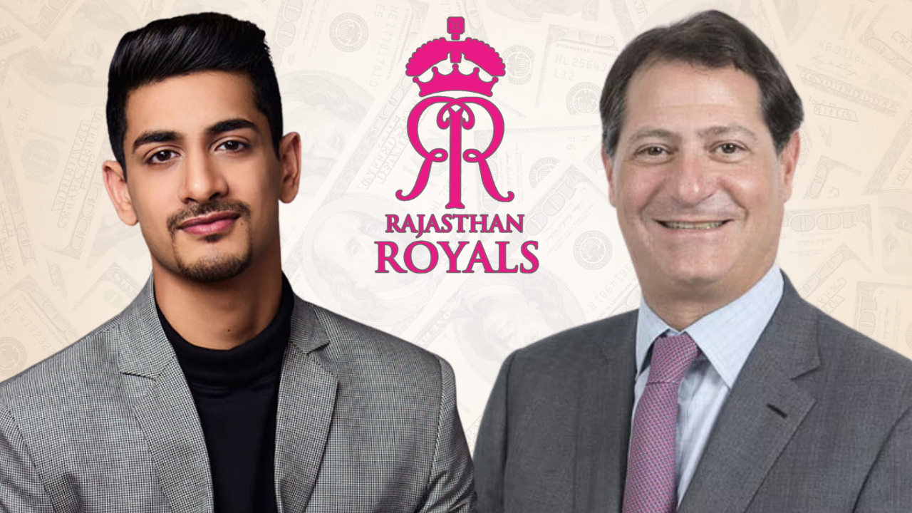 Aryaman Birla and David Blitzer pictured alongside the Rajasthan Royals logo, representing the IPL franchise ownership group.