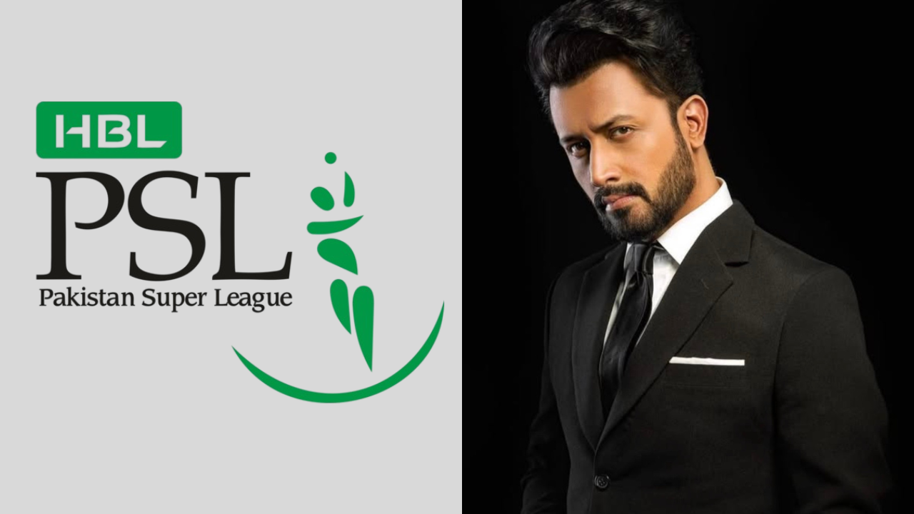 Atif Aslam alongside HBL PSL Pakistan Super League logo, promotional image featuring singer and cricket league branding