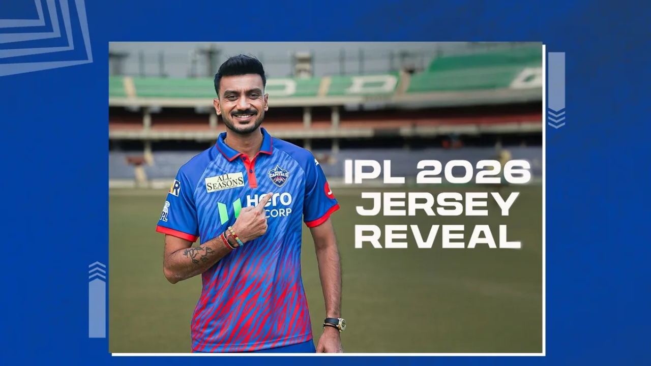 Axar Patel in Delhi Capitals jersey during IPL 2026 jersey reveal at cricket stadium