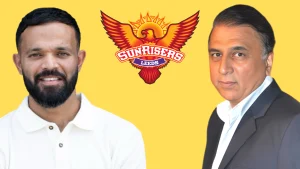 Azeem Rafiq and Sunil Gavaskar alongside the Sunrisers Leeds logo related to the Yorkshire cricket controversy.