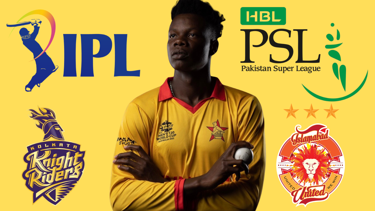 Blessing Muzarabani with IPL and PSL logos alongside Kolkata Knight Riders and Islamabad United team logos in a cricket league comparison graphic.