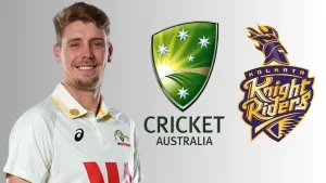 Cameron Green alongside Cricket Australia and Kolkata Knight Riders logos highlighting IPL team association and international cricket background