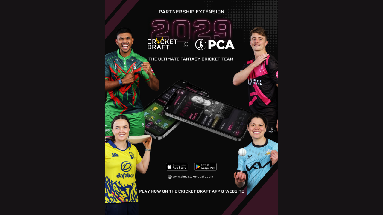 Cricket Draft and PCA announce partnership extension until 2029 featuring fantasy cricket app with professional male and female players on promotional graphic