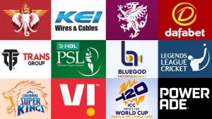 Collage of cricket league and sponsor logos including HBL PSL, ICC Men’s T20 World Cup 2026, Chennai Super Kings, Lucknow Super Giants, Legends League Cricket, Dafabet, KEI Wires & Cables, VI, Powerade, and Trans Group.