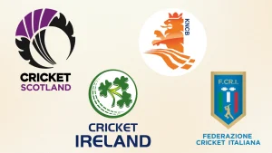 Logos of Cricket Scotland, Cricket Ireland, KNCB Netherlands, and Cricket Italy displayed together representing European cricket governing bodies