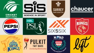 Collage of cricket sponsors and team logos including PSL, Chennai Super Kings, Punjab Kings, Surrey CCC, SIS, Pepsi and others