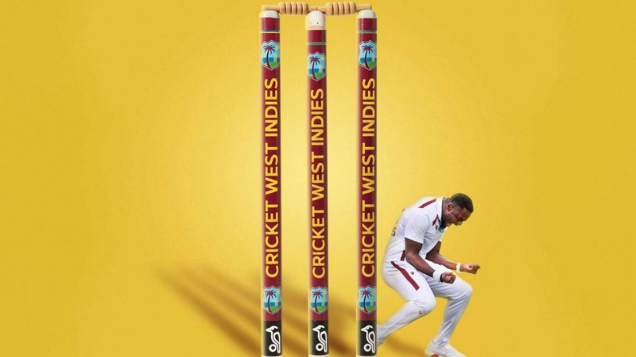 West Indies cricket stumps with team branding and a player celebrating on a yellow background creative sports graphic