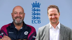 Darren Lehmann and Rob Key alongside ECB logo representing England cricket coaching and management discussion
