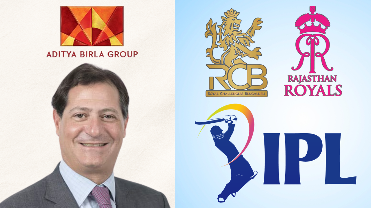 David Blitzer portrait with IPL, RCB and Rajasthan Royals logos alongside Aditya Birla Group branding