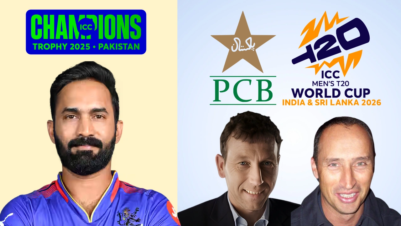 Dinesh Karthik with Michael Atherton and Nasser Hussain alongside PCB logo, ICC Champions Trophy 2025 and ICC Men’s T20 World Cup 2026 logos.