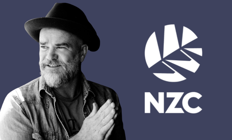 Dion Nash portrait alongside New Zealand Cricket NZC logo on blue background