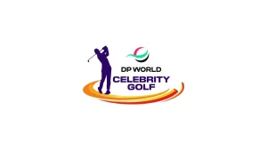 DP World Celebrity Golf tournament logo featuring golfer silhouette and official event branding.