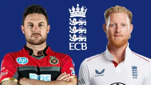 England cricket head coach Brendon McCullum and captain Ben Stokes alongside ECB logo representing England cricket leadership