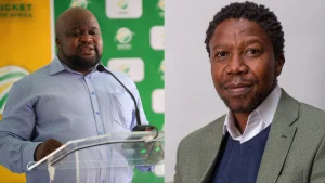 Edward Khoza COO speaking at podium and Qondisa Ngwenya CEO portrait representing Cricket South Africa leadership
