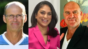 Gary Kirsten, Lisa Sthalekar and Matthew Hayden portraits in a three-panel image featuring former international cricketers and coaches.