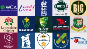 Collage of global cricket organizations and board logos including ECB, Cricket Australia, Bangladesh Cricket Board, World Cricketers’ Association, and other domestic cricket bodies.