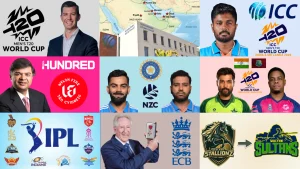 Collage of global cricket news featuring ICC Men’s T20 World Cup branding, ICC headquarters, international players, IPL teams, BCCI and NZC logos, The Hundred Welsh Fire logo, ECB honour presentation, and PSL franchise logos including Sialkot Stallions and Multan Sultans.