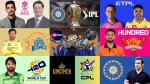 Collage featuring major global cricket leagues and figures including IPL, CPL, The Hundred, Rajasthan Royals, Chennai Super Kings, ICC T20 World Cup, and prominent cricket personalities.