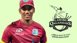 Gudakesh Motie in West Indies cricket jersey alongside the Lahore Qalandars logo representing the PSL franchise.