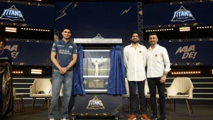 Gujarat Titans Season Launch 2026 Shubharambh event with players unveiling commemorative display on stage