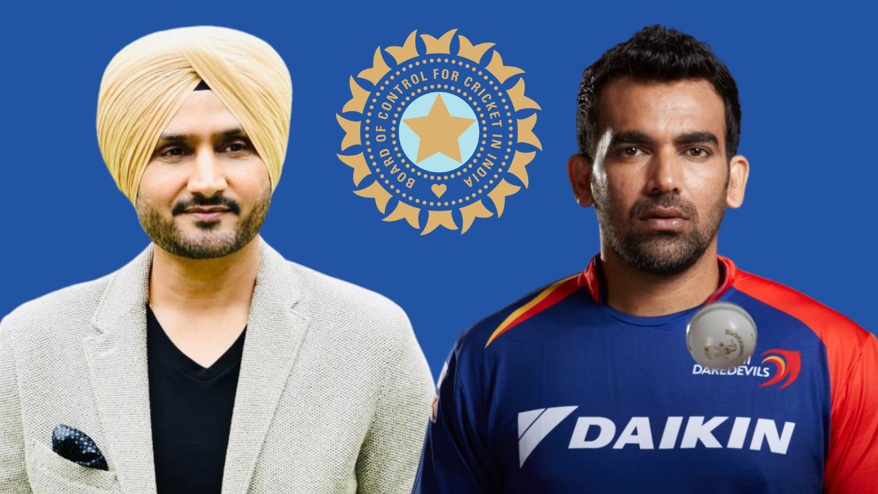 Harbhajan Singh and Zaheer Khan alongside BCCI logo in Indian cricket themed graphic.