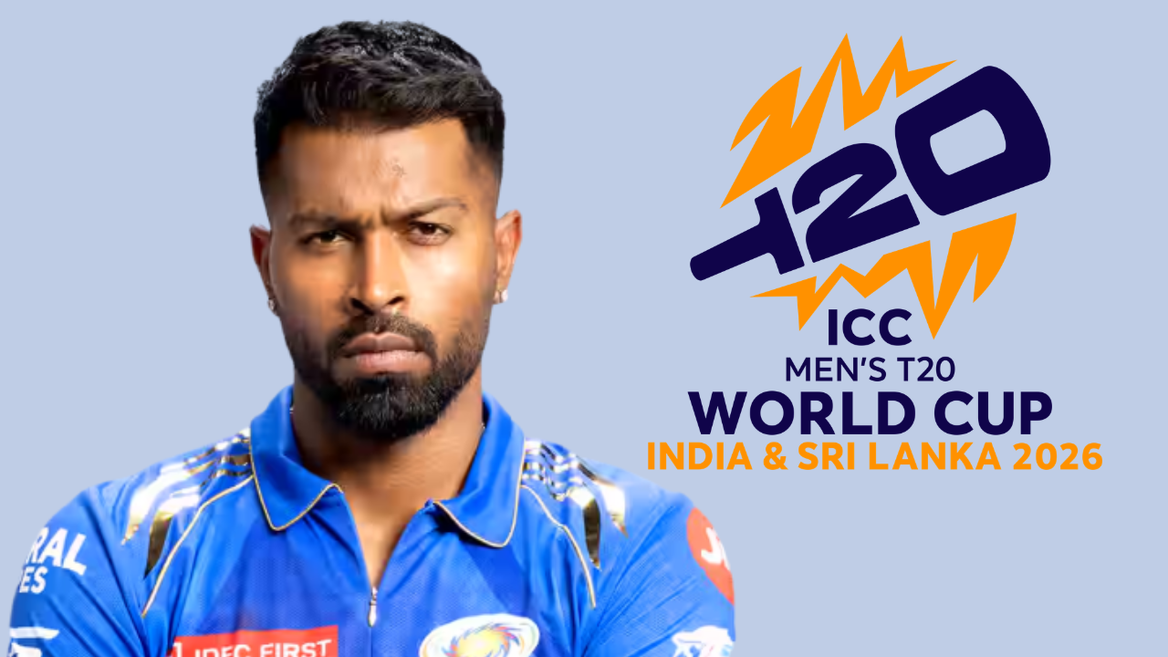 Hardik Pandya alongside the ICC Men’s T20 World Cup 2026 logo for the tournament hosted by India and Sri Lanka.