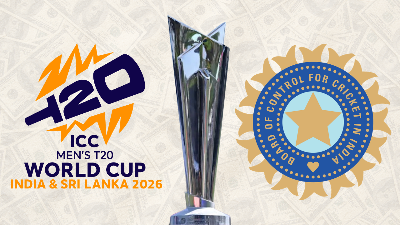 ICC Men’s T20 World Cup 2026 logo with the tournament trophy and the BCCI (Board of Control for Cricket in India) logo.