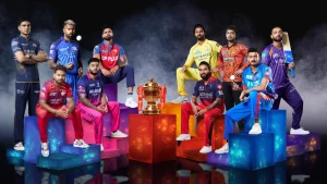 All IPL 2026 team captains posing with the IPL trophy in a studio promotional image showcasing players in official jerseys